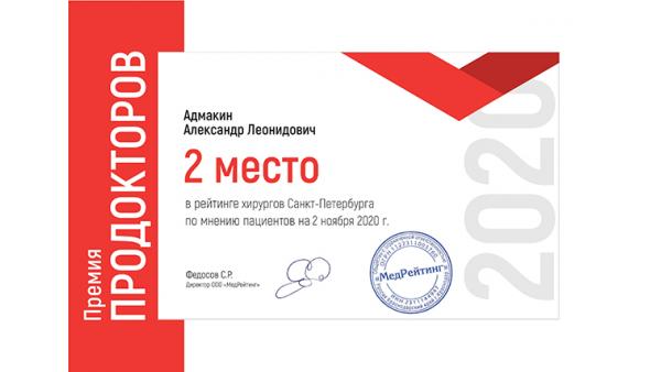 Лауреат всероссийской премии Продокторов 2020